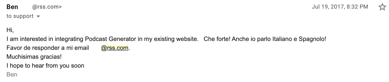 Ben Richardson's first email to Alberto Betella about RSS.com and Podcast Generator, July 19, 2017