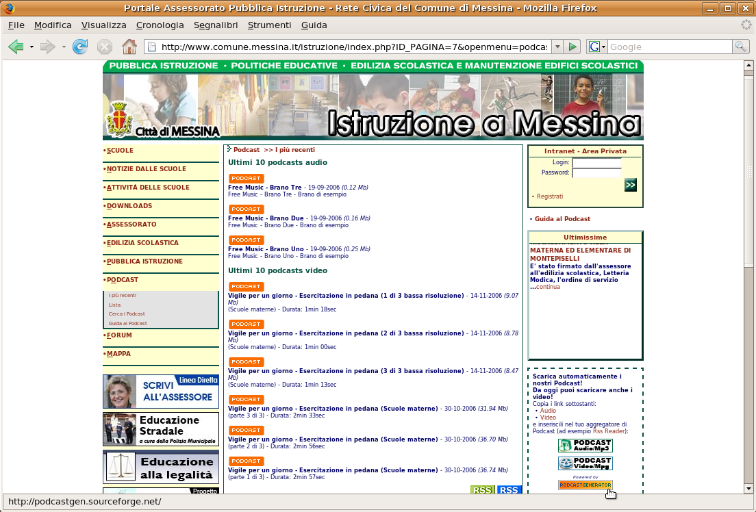 Municipality of Messina education department using Podcast Generator, November 2006