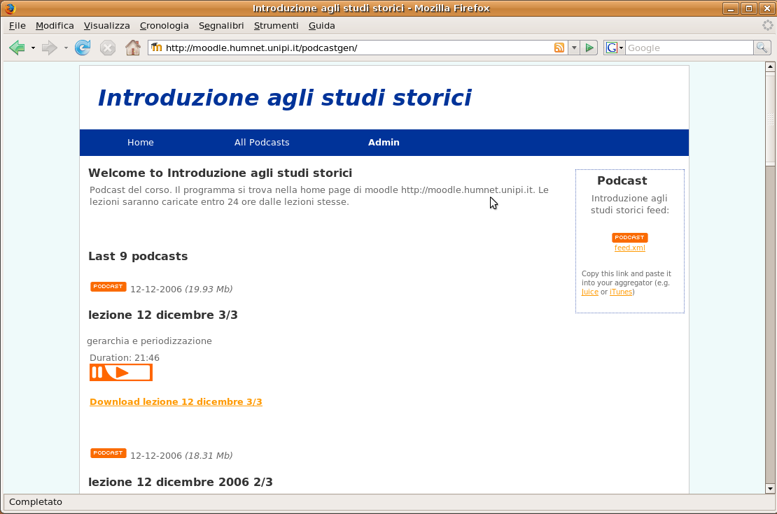 University of Pavia history lectures using Podcast Generator, December 2006