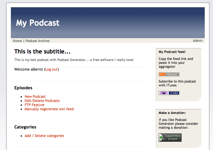 Podcast Generator v1.0 homepage with default_ocean theme, showing episodes list, categories sidebar, and RSS feed link