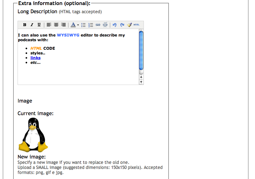 Podcast Generator v1.0 WYSIWYG rich text editor for episode descriptions, with episode image showing Tux penguin