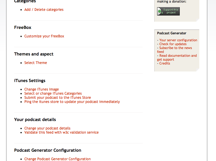 Podcast Generator v1.0 admin panel showing Categories, FreeBox, Themes, iTunes Settings sections