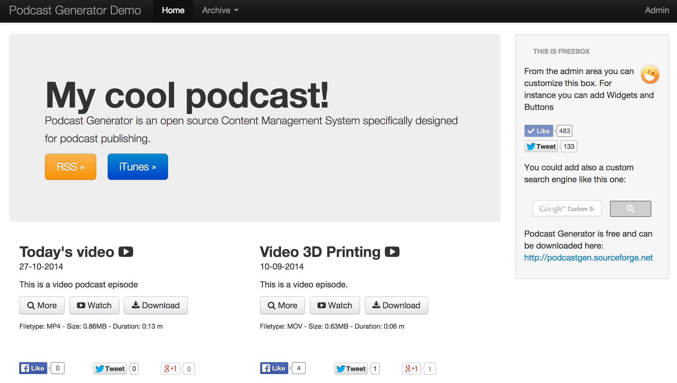 Podcast Generator v2.3 homepage showing Bootstrap theme with video episodes, RSS and iTunes buttons, Freebox sidebar, and social sharing buttons