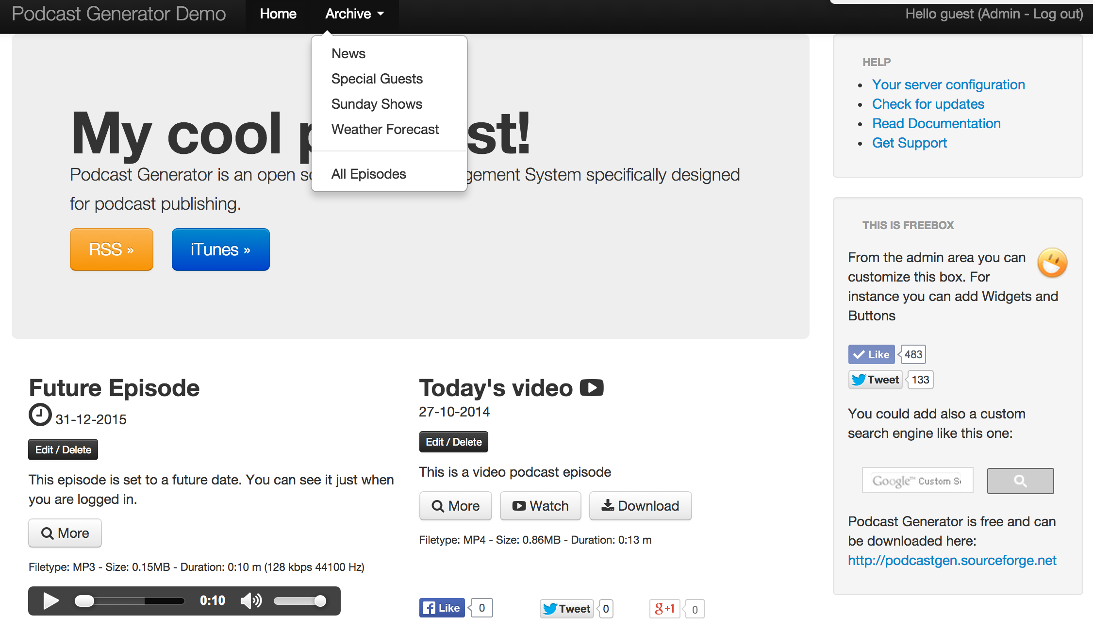 Podcast Generator v2.3 admin view showing category dropdown menu, future episode scheduling, and edit controls