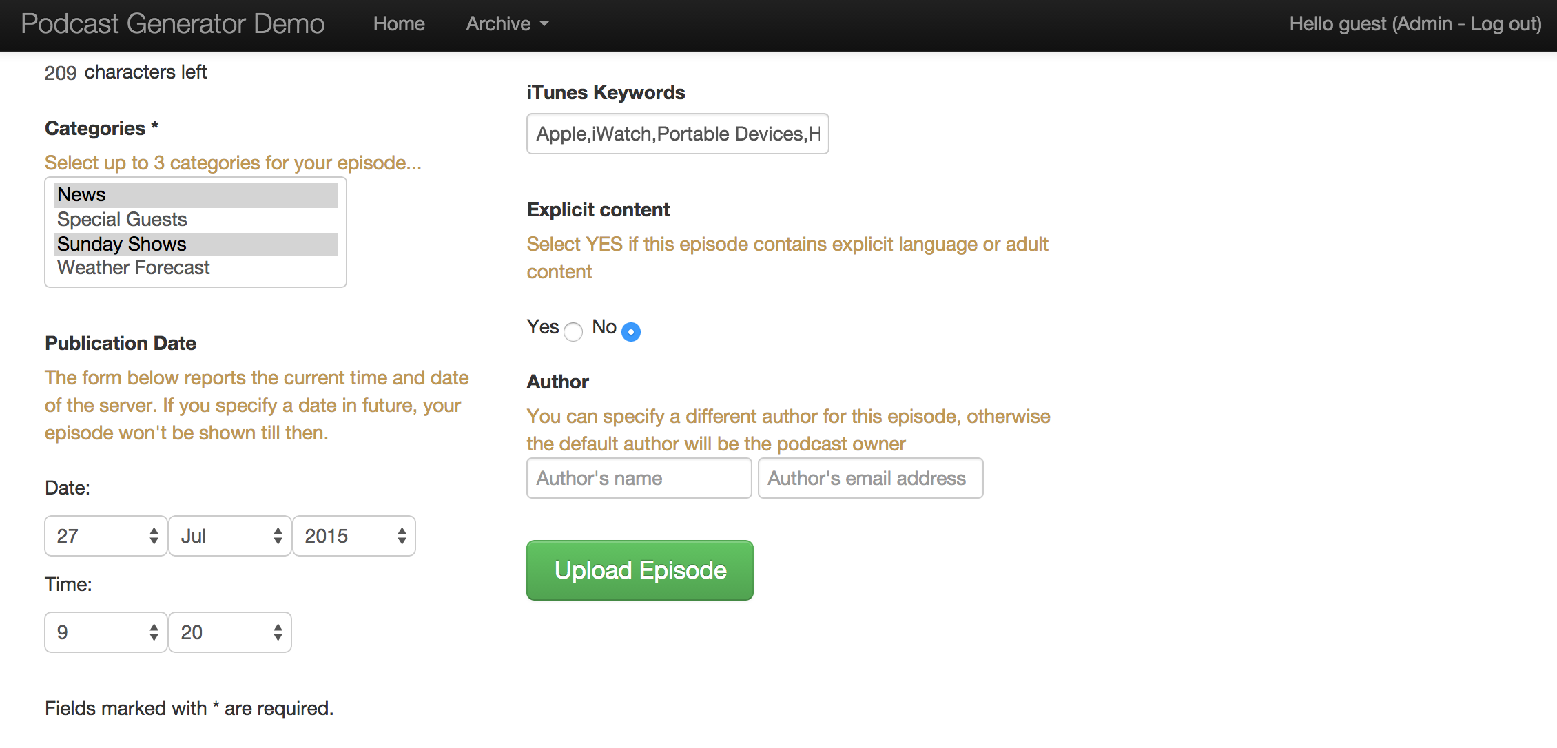 Podcast Generator v2.3 upload form showing publication date scheduling, author fields, and upload button