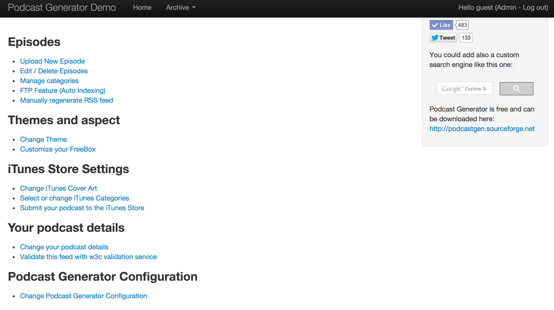 Podcast Generator v2.3 admin panel showing Episodes, Themes, iTunes Store Settings, and podcast configuration sections