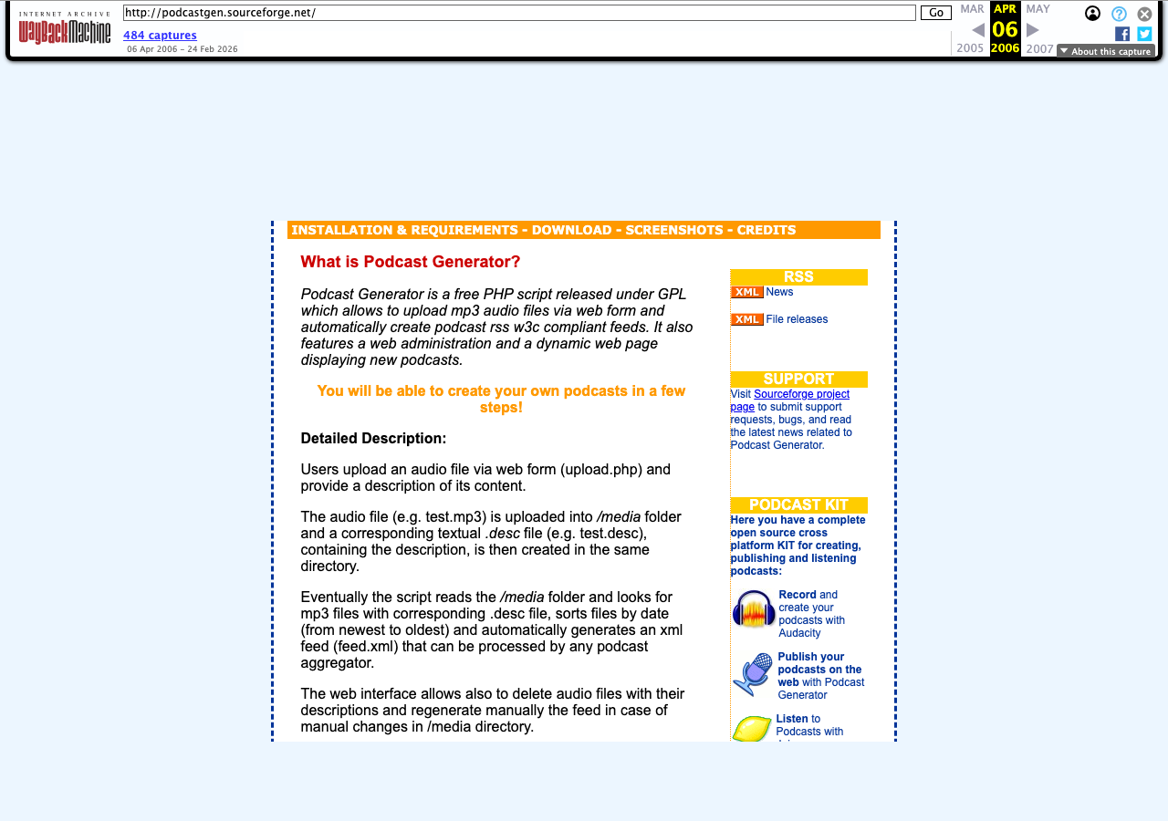Podcast Generator website screenshot from Apr 2006: Launch Day