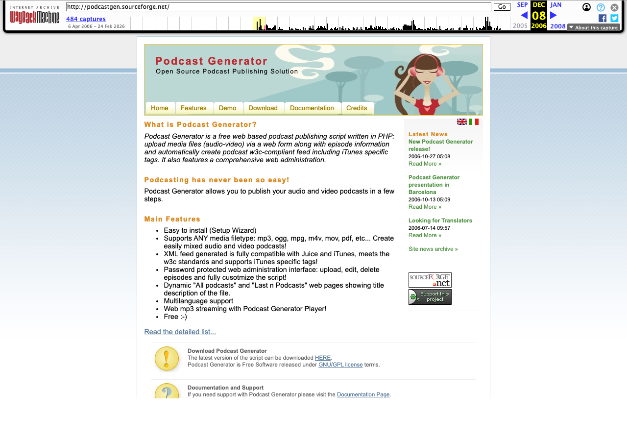 Podcast Generator website screenshot from Dec 2006: First Redesign