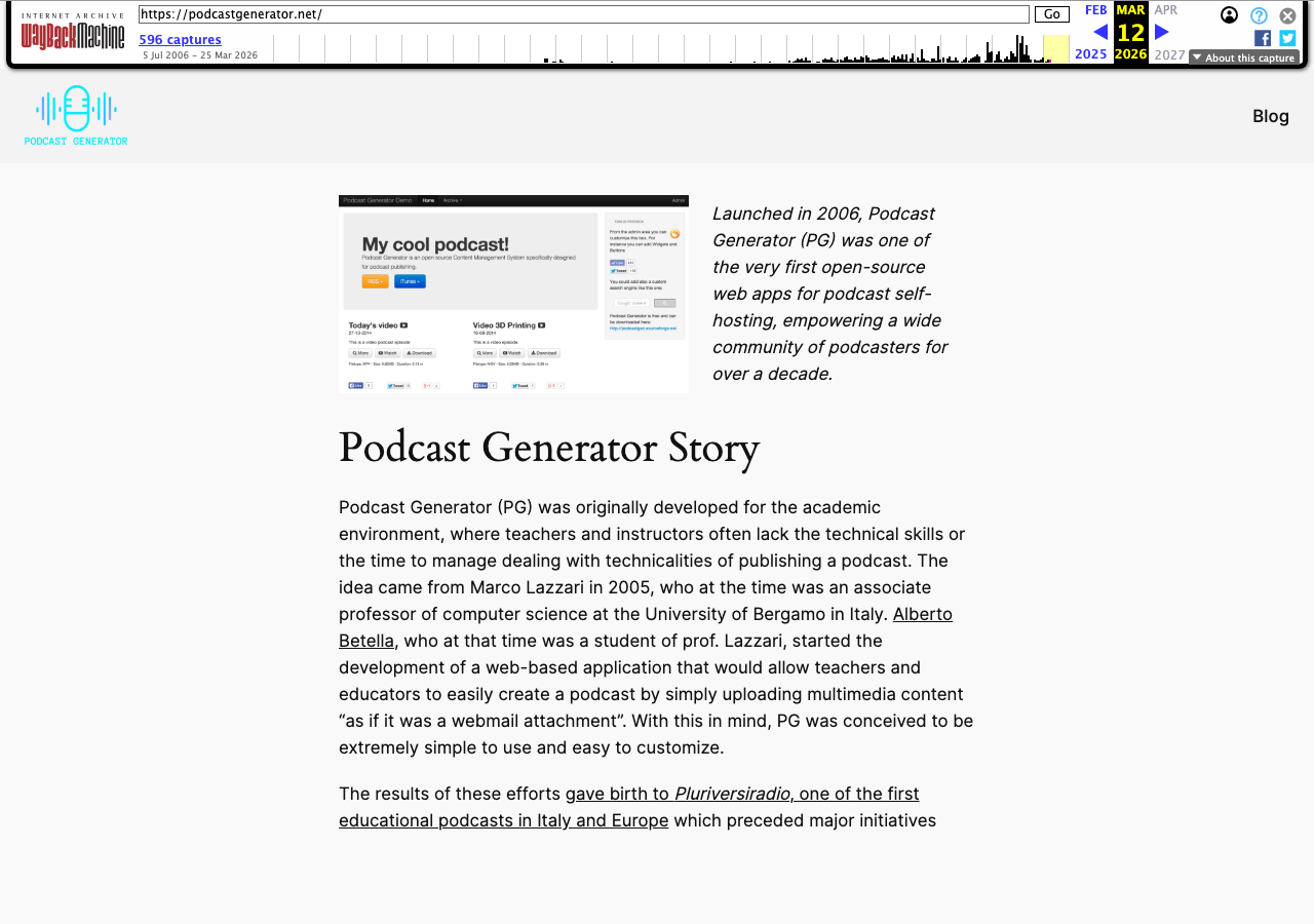Podcast Generator website screenshot from Mar 2026: Pre-Anniversary