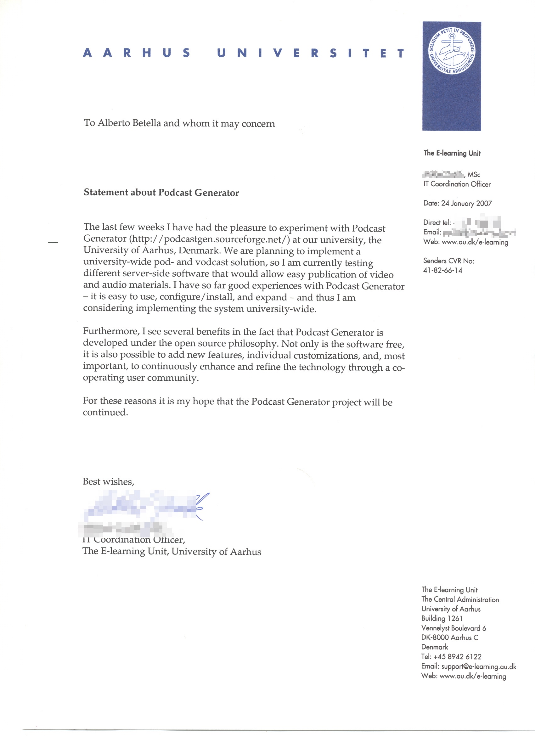 Support letter from Aarhus University, Denmark, January 2007