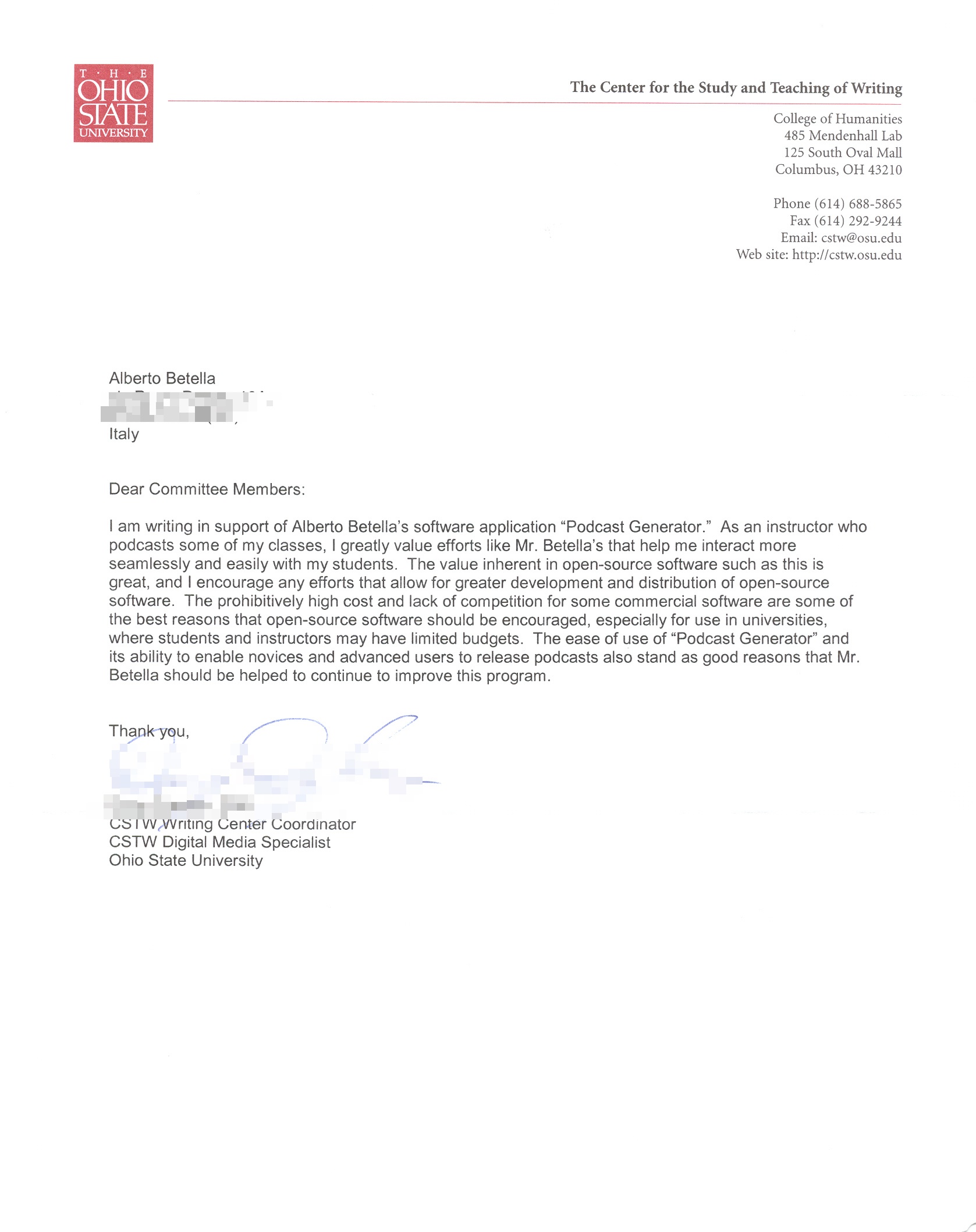 Support letter from Ohio State University, The Center for the Study and Teaching of Writing